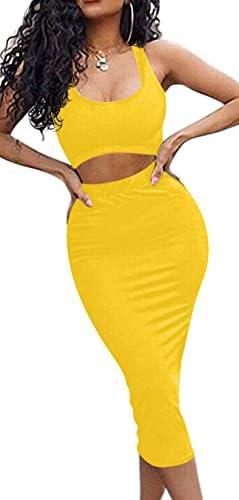 GOBLES Women's Sexy Summer Outfits Bodycon Tank Top Midi Skirt 2 Piece Dress L