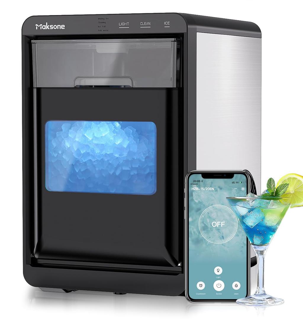 Maksone Countertop Nugget Ice Maker APP Control, 44lbs/24H,Ready in 7 Mins,Crushed ice Maker,Sonic Pebble Ice Machine