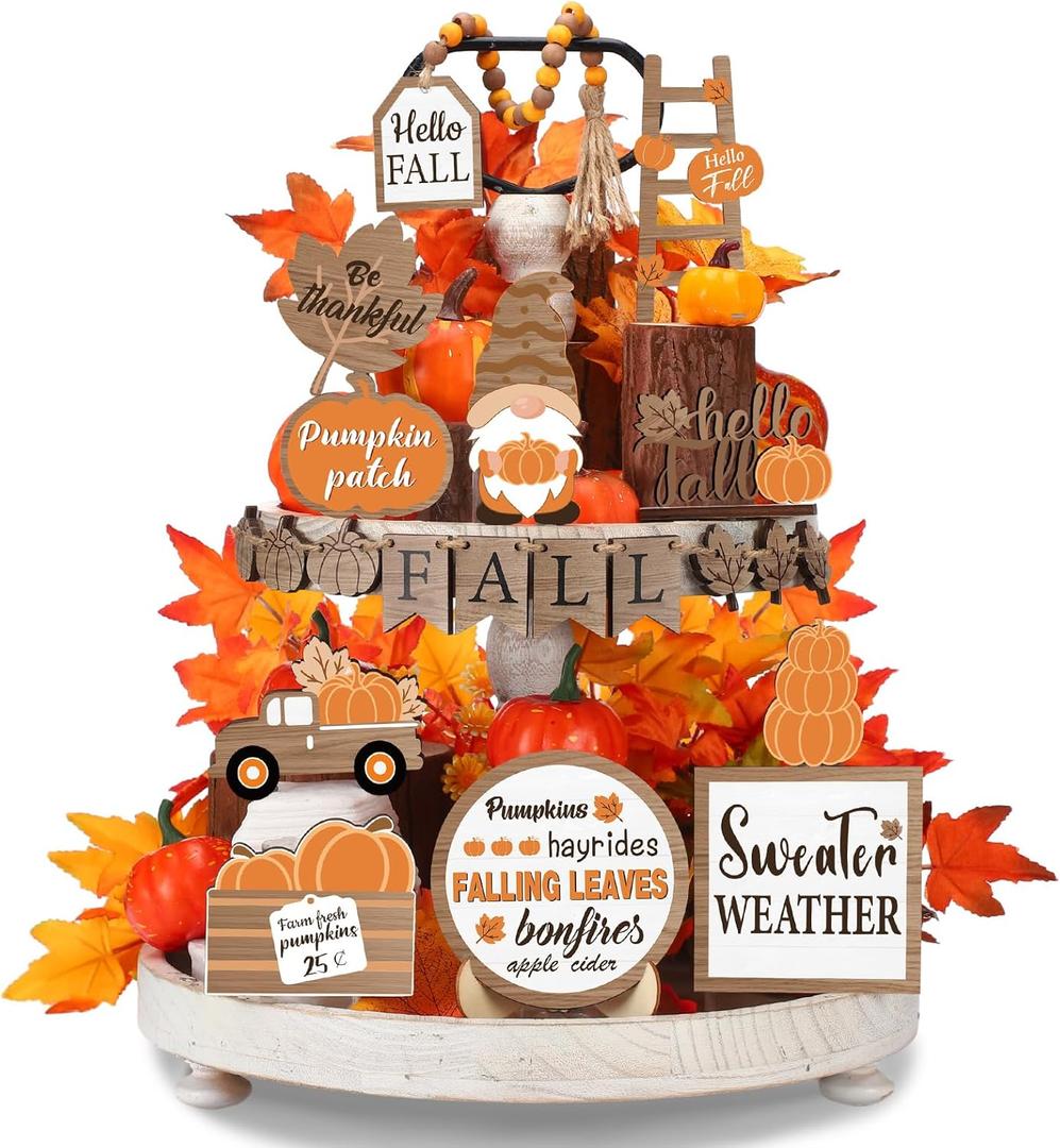 Maitys 21 Pcs Thanksgiving Tiered Tray Decor Set Fall Pumpkin Gnome Truck Scarecrow Wood Sign Rustic Farmhouse Decor Hello Fall Wood Bead Decorative Tabletop Sign for Autumn Thanksgiving Day(Rustic)