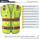 JKSafety 9 Pockets Hi-Vis Neon Yellow Zipper Front MESH Safety Vest with Fluorescent Orange Extend Edge outlining the Reflective Tapes Meet ANSI/ISEA Class 2 Standard (100-Yellow, L)