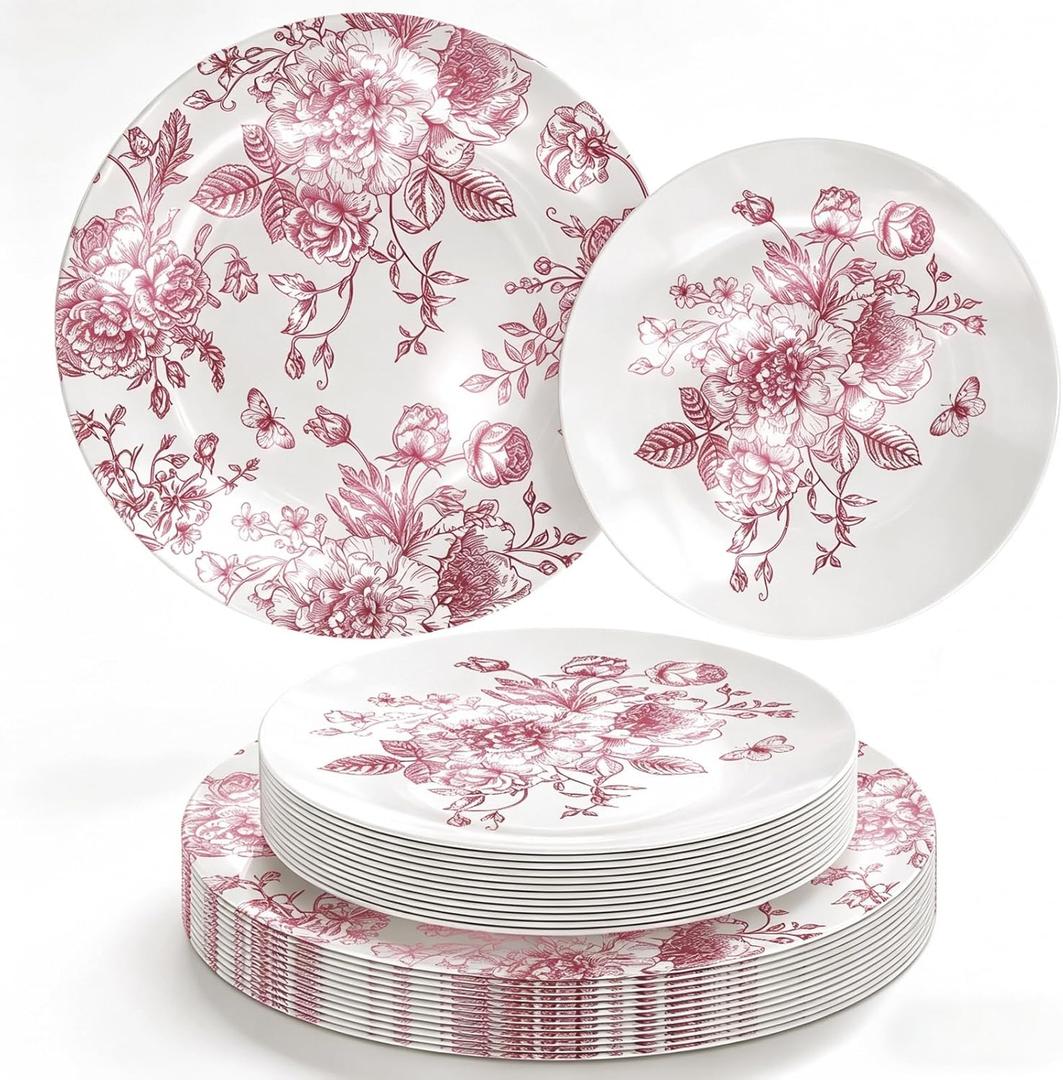 FYSUIMU 40Pcs Pink Floral Plastic Plates Vintage Flower Reusable Plate Chinoiserie Dinner Dessert Plates for Mother's Day Birthday Baby Shower Party Supplies Table Decor