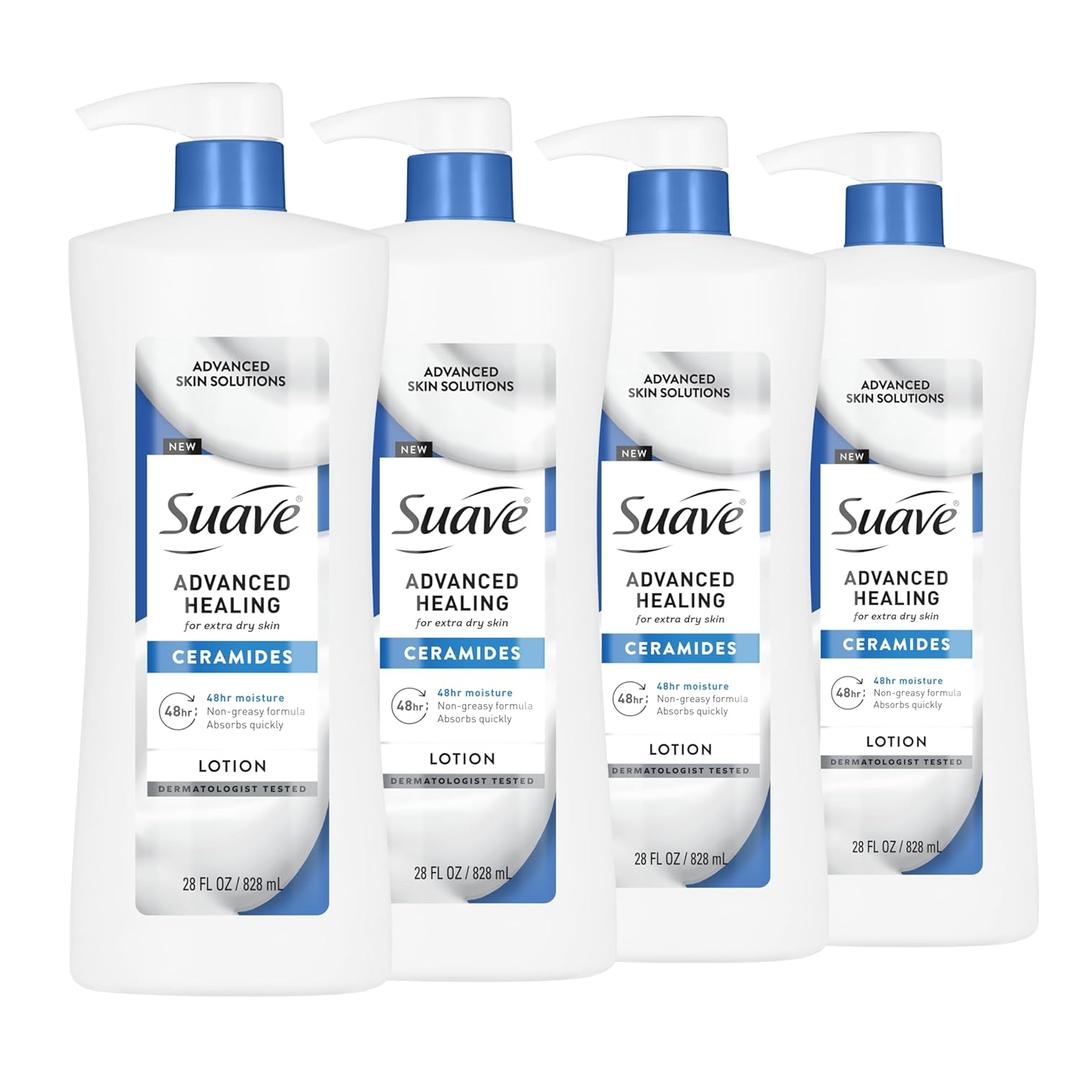 Suave Advanced Healing Hand & Body Lotion for Women With Ceramides for Very Dry Skin, Hydrating, Non-Greasy, Allergen-Free Moisturizing Cream, Lightly Scented, 28 FL OZ Pump, 4 Pack