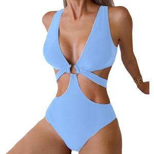Favnac Women's Deep V Neck One Piece Swimsuit Sexy Cut Out Bathing Suit O-Ring Swimwear L