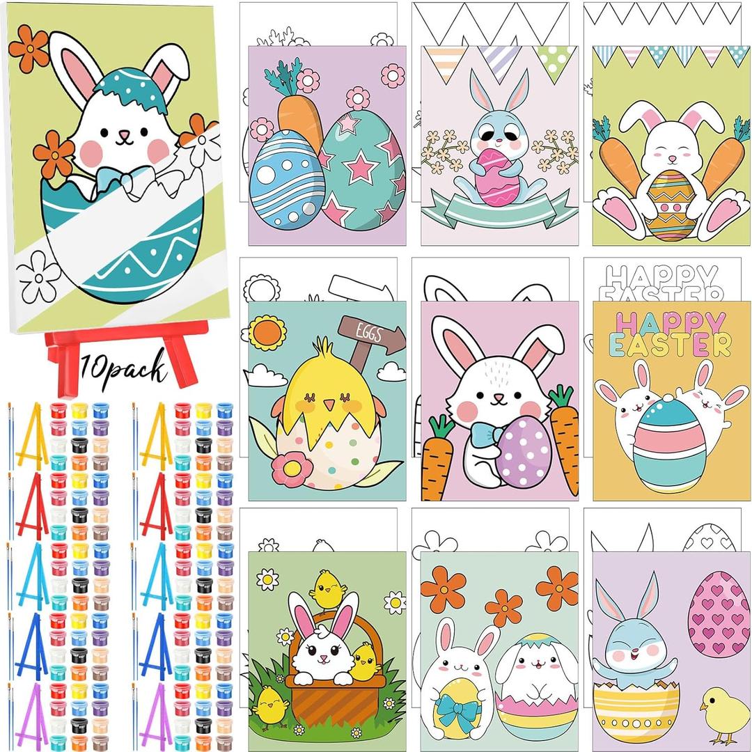 Blosssound 10 Set Easter Pre Printed Canvas Pre Drawn Canvas Painting with Easel Kits Pre Outline Painting Canvas Panels for Beginners, DIY Craft Project, Party Favor, Home Decors (Bunny)
