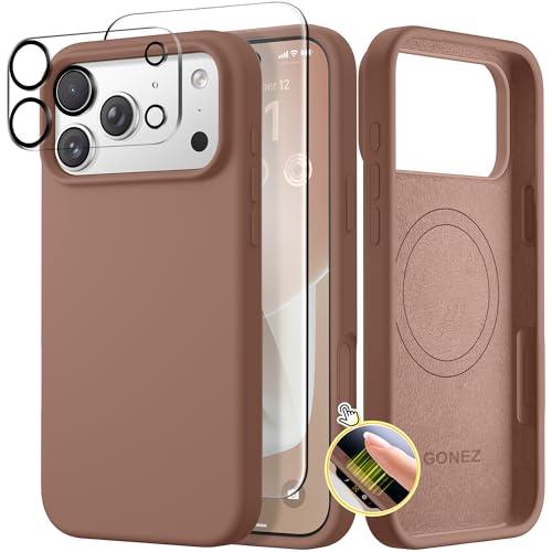 GONEZ Magnetic for iPhone 17 Pro Case, Compatible with MagSafe, [Screen Protector + Camera Lens Protector], Liquid Silicone Anti-Scratch Shockproof Protective Phone Case 6.3 inch, Brown