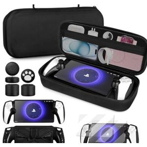 4 in 1 Accessoris Set Compatible with Playstation Portal, EVA Hard Carrying Case for PS5 Portal, Silicone Protective Cover,2 Pcs Screen Protector,10 Thumb Grip Caps,Ps Portal Accessories Black