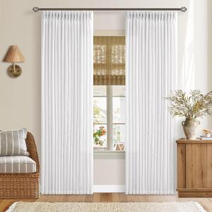 White Pleated Linen Curtains 96 Inches Long for Living Room 2 Panel Set Semi Sheer Light Filtering Pinch Pleat with Rings Hooks Back Tab Drapes Neutral Boho 96 Inch Curtain for Bedroom Window W50xL96