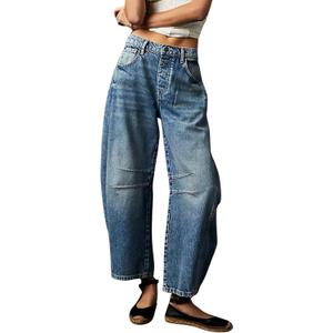 Womens Baggy Boyfriend Jeans Vintage Wide Leg Mid Rise Barrel Denim Ankle Pants Cropped Jeans (Medium, Blue)