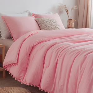 TanNicoor Pom Fringe Duvet Cover Set - 2 Piece Natural Ultra SOFE Color Washed Microfiber Bedding Set, Modern Style Down Comforter Quilt Cover with Zipper Closure(Twin,Peach Pink) (Twin(66"x90"))
