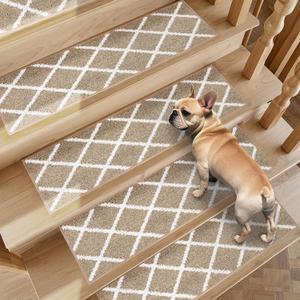 Non-Slip Stair Treads for Wooden Steps Indoor, 4 Pack 9" X 28" Edging Stair Carpet Mat with TPE Backing, 0.4" Thick Stair Runners for Kids Elders & Pets, 100% Polyester Stair Rugs, Beige&White