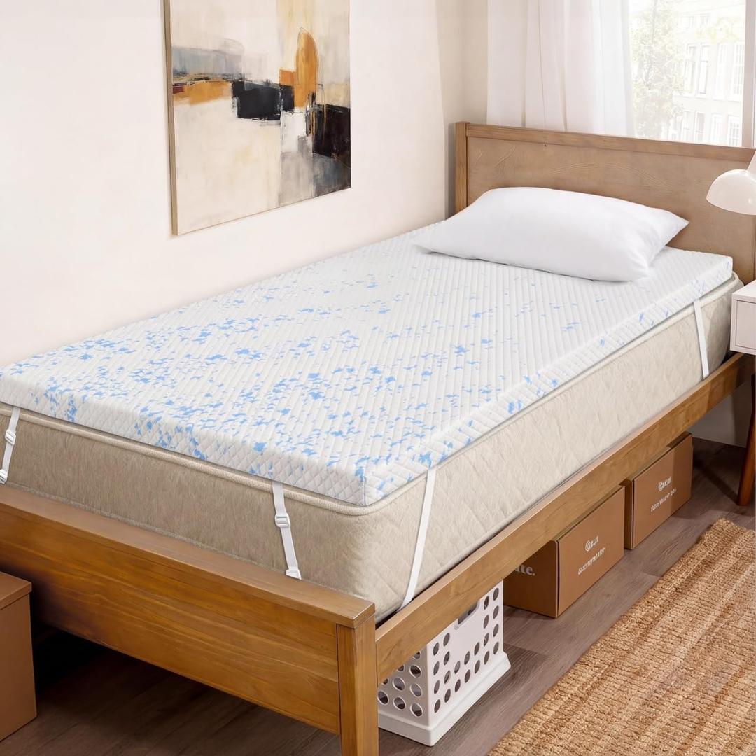 OhGeni 3 Inch Cooling Twin XL Gel Memory Foam Mattress Topper Pad,Soft Bed Cover with Anti-Slip Base,Zipper & Straps,Extra Comfort & Back Pain Relief,College Dorm Room Essential