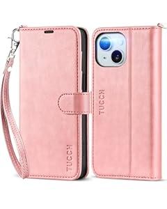 TUCCH Wallet Case for iPhone 15 6.1" 5G, [Wrist Strap] Kickstand RFID Blocking 4 Card Slots Magnetic Closure, PU Leather Shockproof TPU Shell Compatible with iPhone 15 2023, Pink with Wristlet