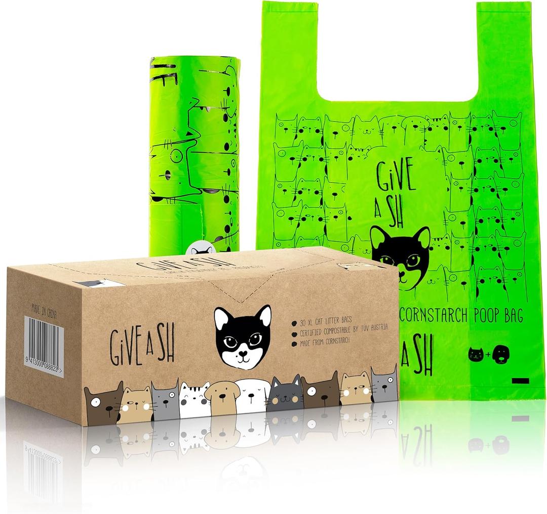 Certified Home Compostable Cat Litter Bags For Poop - 10% to Charity - Cornstarch-Based - For Cleaning Up Litter Trays - NF T51-800 Compliant - 30 Extra Large Disposable Bags
