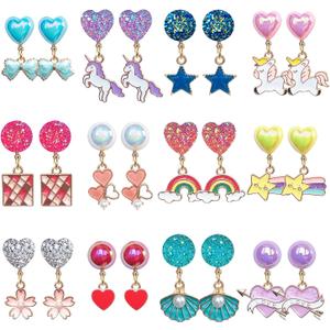 12 Pairs Clip On Earrings Girl Party Favor Princess Clip on Earrings Pretend Play Unicorn Earrings for Little Girl Kids Toddlers Jewelry Set