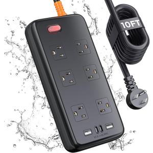 Outdoor Power Strip Weatherproof, IPX6 Waterproof Surge Protector with 6 Wide Outlets and 2USB A&2USB C, 1625W/13A, 10FT Extension Cord, Wall Mountable for Indoor Outdoor, UL FCC Listed
