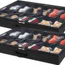 Lifewit Under Bed Shoe Storage Organizer Set of 2, 4.3 Inches Tall Low Profile Fabric Shoes Container Box with Clear Cover, Foldable Storage Bag with 2 Handles, Total Fits 24 Pairs of Shoes, Black