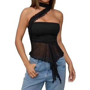 Milumia Women Going Out Halter Tops Ruched Mesh Bandeau Top with Scarf M