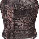 Women's Leopard Print Tube Top Cheetah Print Top Ruched Strapless Mesh Halter Tops for Women Going Out Party