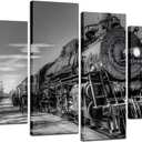 iHAPPYWALL 4 Panel Train Canvas Wall Art Vintage Black and White Steam Train Coal Burning Locomotive Wall Hanging Print On Canvas Car Pictures for Home Decoration Gift Ready to Hang