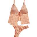 GORGLITTER Women's Tie Front Gingham Tankini Swimsuits Checkered Ruffle Split High Cut Bathing Suit Bikini 2 Piece Orange, Medium