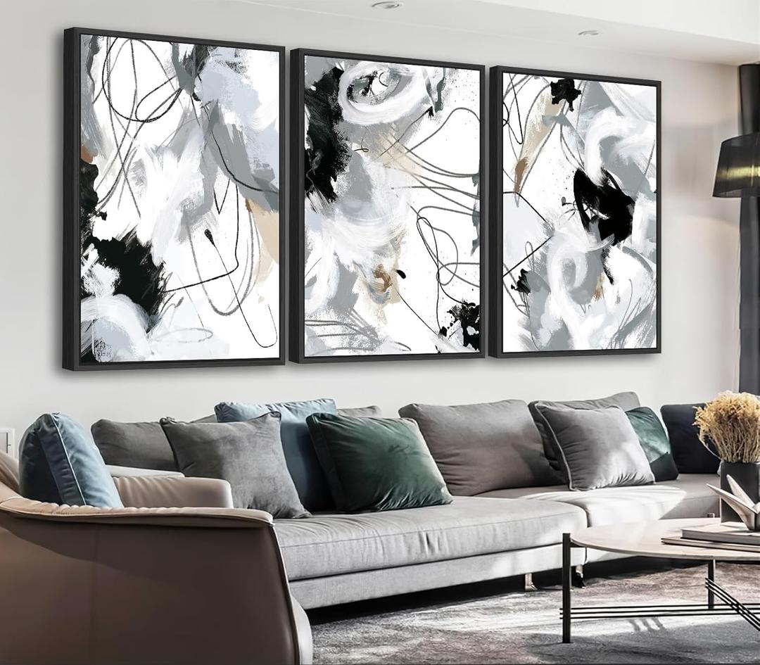 ASDCEUTICALS Large Framed Wall Art - Natural Framed Abstract Canvas Pictures for Living Room Modern Canvas Prints for Bedroom, Black Float Framed Art for Home Office Kitchen Decor 24" X 36" X 3pcs