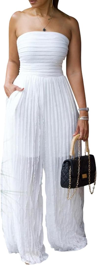 Tcremisa Women's Sexy Strapless Tube Jumpsuit Flowy Sleeveless Off Shoulder Wide Leg One Piece Ruffle Jumpsuits, Large, White