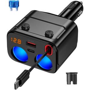 180W Retractable Car Charger Cigarette Lighter Splitter, 5 in 1 USB Fast Car Phone Charger with Retractable Cable 2 USB Ports, 2 Cigarette Lighter Socket with Separate Switch LED Voltmeter