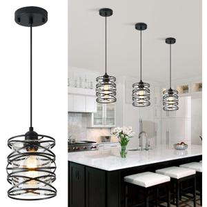 1-Pack Pendant Light Fixtures 6.3Inch Black Spiral Kitchen Island Light Modern Metal Cage Handblown Seeded Glass Ceiling Hanging Light Adjustable Cord for Dining Room Foyer Hallway, E26