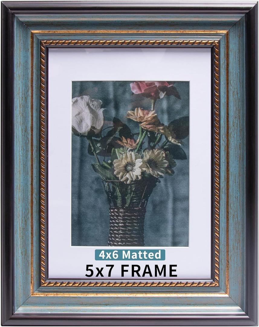 Beyond Your Thoughts 5x7 Picture Photo Frame 1 Pack Antique with Matted for 4X6 Peacock Blue Color Plastic, Vertical or Horizontal, Table Top and Wall Mounting Display