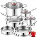 P&P CHEF 3-Ply Stainless Steel Cookware Set of 6, 10-Pieces Pots and Pans Sets Stainless Steel for Kitchen, Induction Multi Cooktops & Oven, Dishwasher Safe, Frying Pans, Saucepans, Saute Pan & Pot, 1 Qt + 2 Qt + 6 Qt + 8 Inch+ 10 Inch + 10 Inch