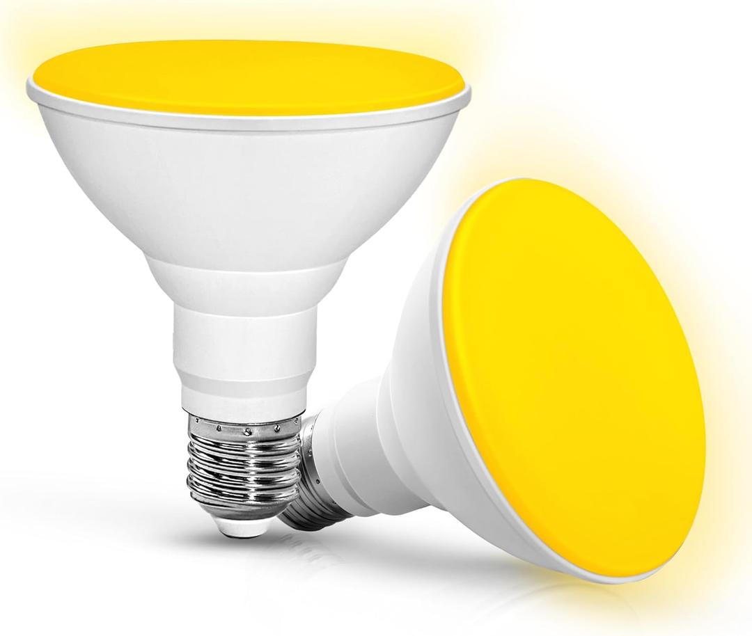 Flaspar 2 Pack PAR30 Yellow Bug Light Bulb Outdoor, 100W Equivalent Yellow Amber Flood Bug Lights for Outside, 12W LED Bulb E26 Base Flood Bulbs for Porch Lights, Hallway,Halloween, Christmas Decor