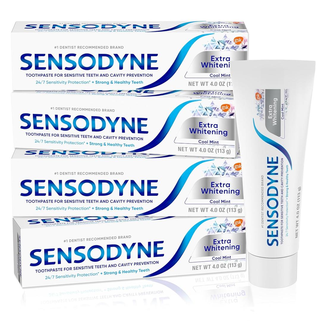 Sensodyne Extra Whitening Sensitive Teeth and Cavity Prevention Whitening Toothpaste, Cool Mint, 4 Ounces (Pack of 4)