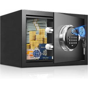 Small Smart Biometric Safe Box for Home, Mini Home Safes with Anti-Theft Dual Alerts, Mute Mode, Digital Security Money Safe for Cash, Jewelry, Business(6.5"D x 7"W x 6.5"H without Shelf)