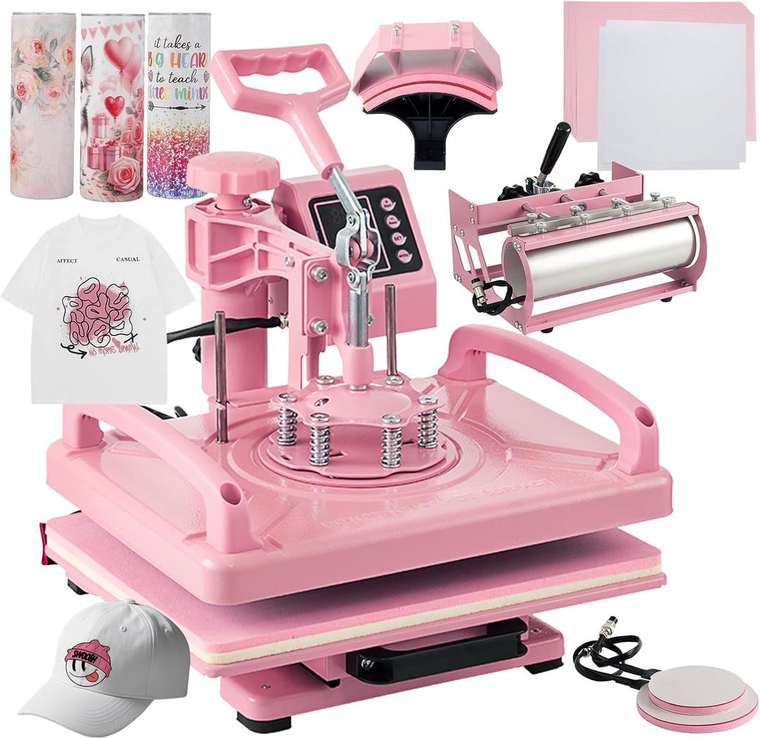 5 in 1 Heat Press Machine 12x15 Inch, Heat Press Machine for T Shirts Hat Cap Mug Plate 360 Swing Away, Sublimation Heat Press Heat Transfer Machine W/ 30OZ Tumbler Press Pink
