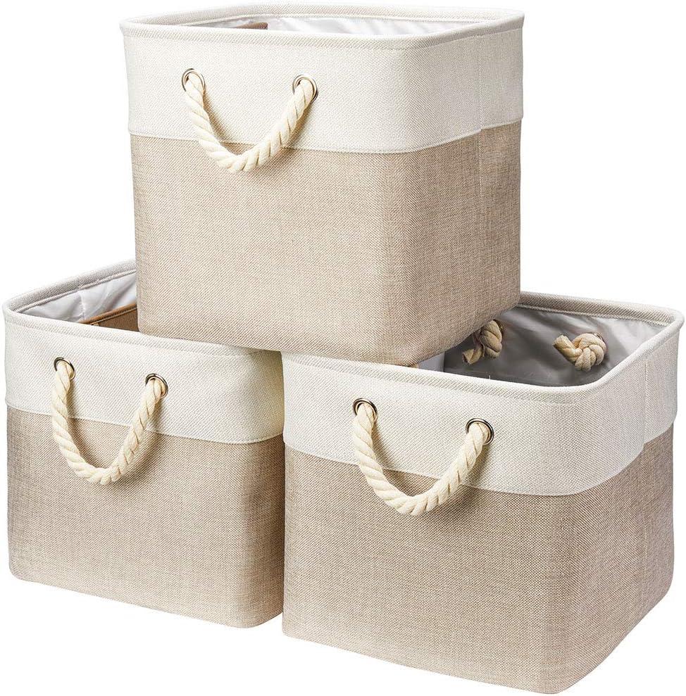 Robuy 3 Pack Storage Cube Bins Collapsible Sturdy cationic Fabric Storage Basket with Cotton Rope Handle For Organizing Shelf Nurery Home Colset 13x13x13 inch (White&Beige)