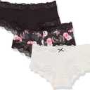 Maidenform Women's Hipster Underwear, Low-rise Cheeky Panty, Scalloped Lace Hipster Panty, 3-pack (X-Large, Black/Pearl Dot Print/Oil Flower Black)