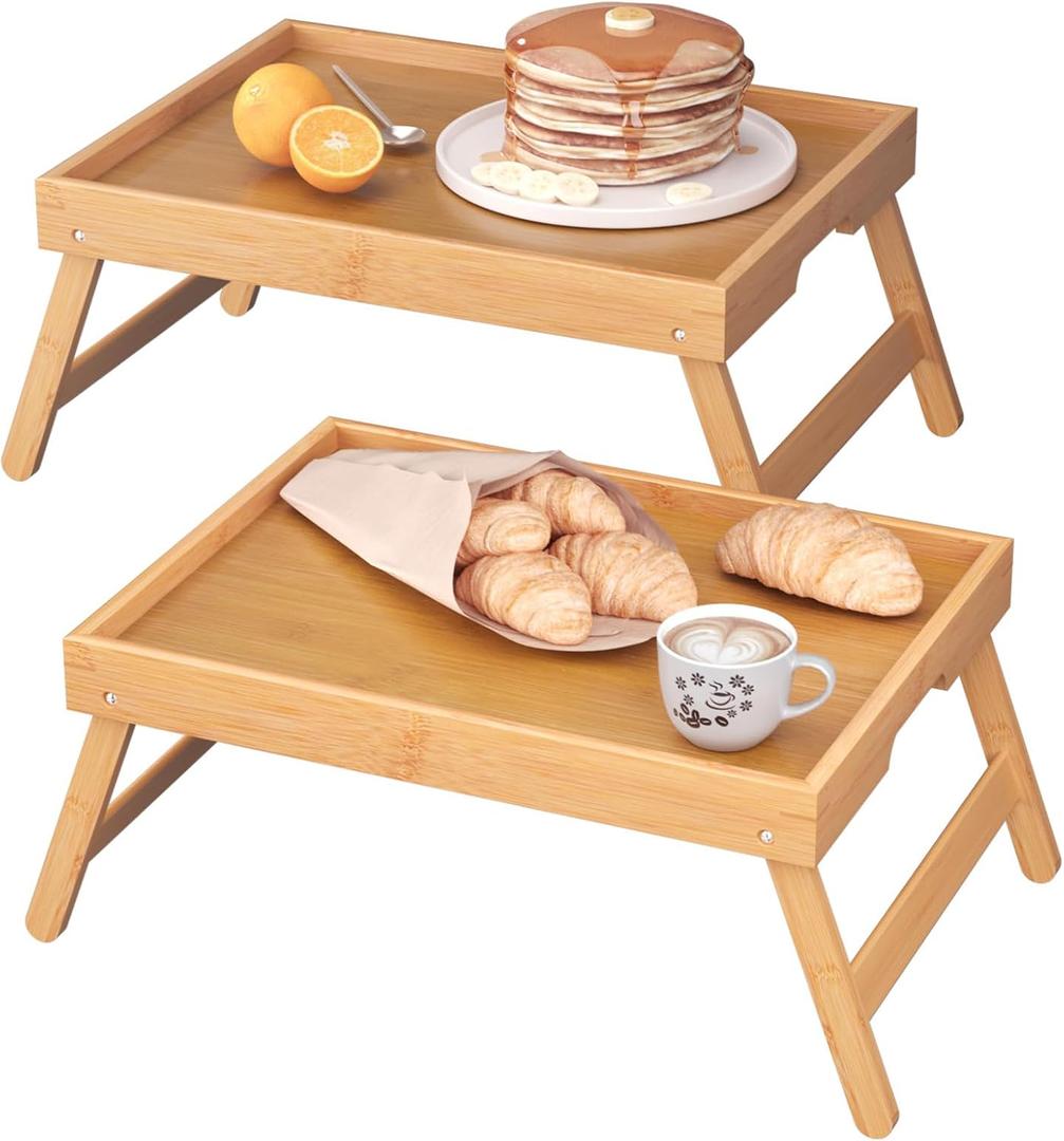 Fibogollo 2 Pack Bamboo Bed Tray Table with Folding Legs,Breakfast Trays,Serving Tray for Food and Snack,Laptop Trays for Working(Natural)
