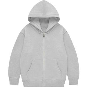 Flygo Unisex Boys Girls Hoodie Sweatshirt Full Zip Up Casual Long Sleeve Solid Jacket Kids Lightweight Outwear with Pockets (Large, Lightgrey)