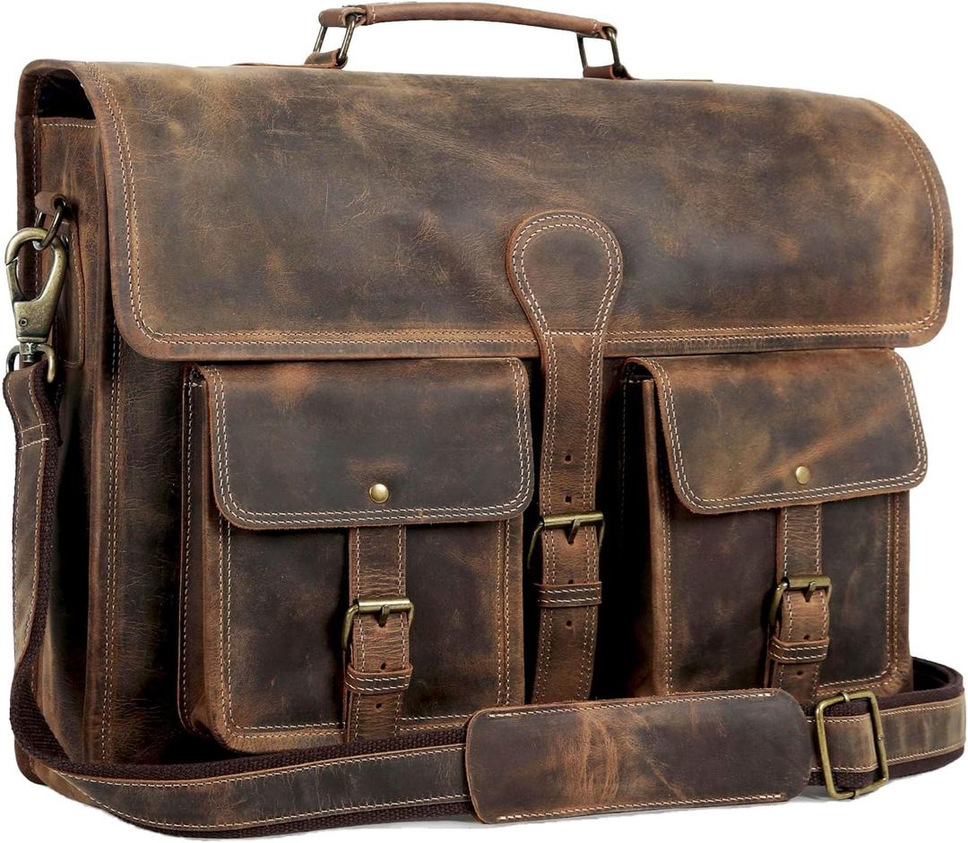 Leather briefcase 18 inch laptop messenger bag for men and women best satchel office bag (Brown)