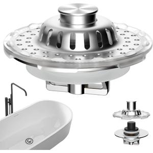 Universal Bathtub Drain Stopper Shower Drain Hair Catcher with Visible Top Strainer, Upgraded 3 in 1 Pop-up Tub Stopper Drain Plug Fit for 1.5 to 2.4" Hole, Stainless Steel Filter Basket