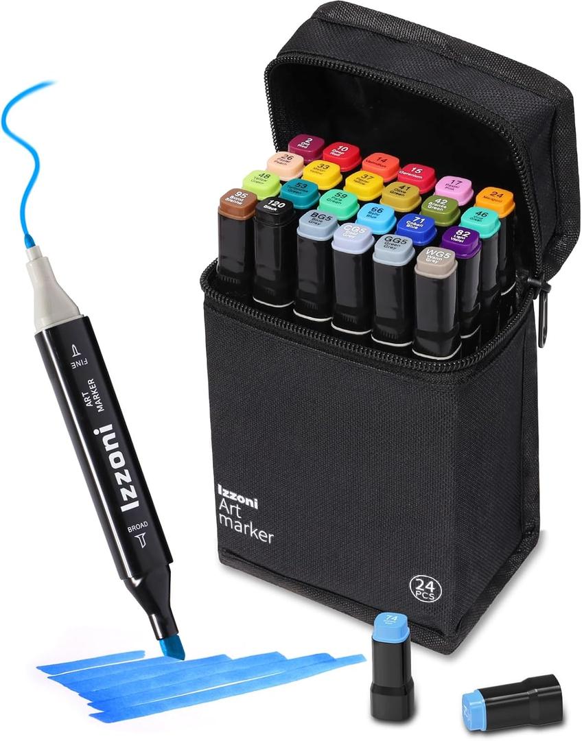 24 Colors Alcohol Markers Set, Dual Tip (Fine & Chisel) Coloring Markers, Permanent Art Drawing Marker for Kids Sketching Adult Coloring with Case and Holders (24 Colors - Black)