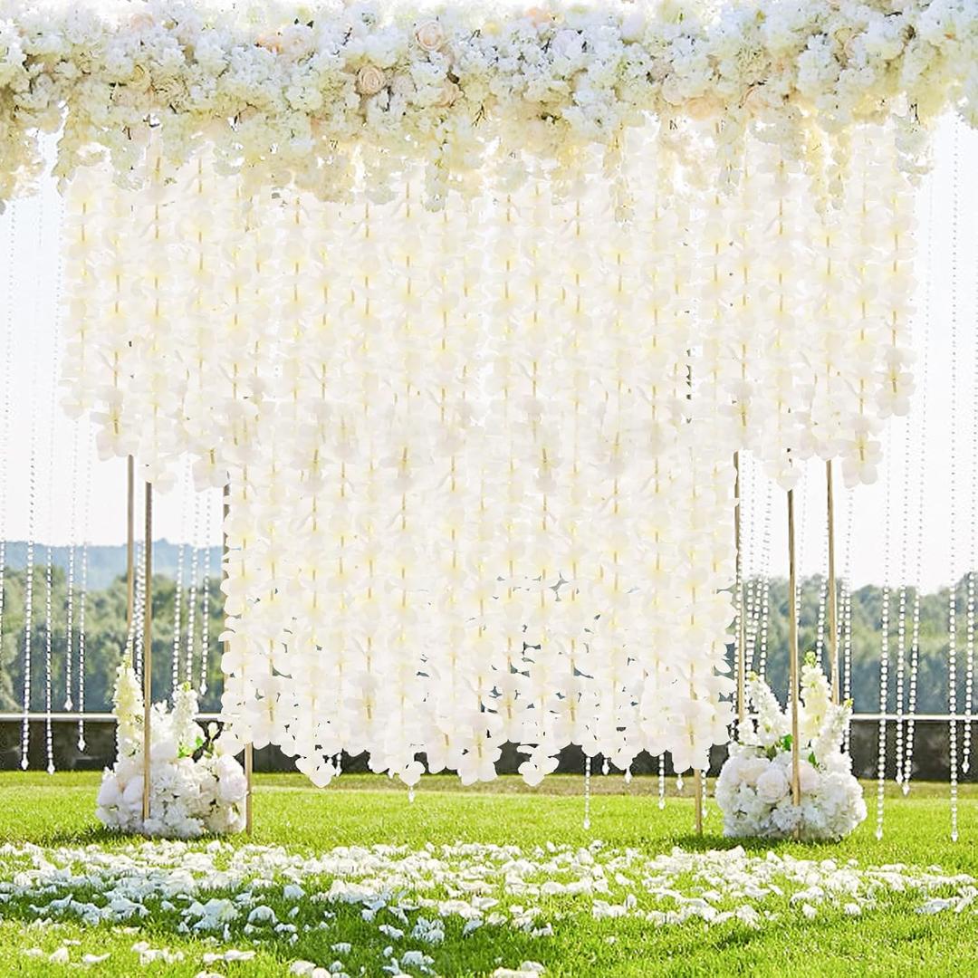 40PCS Artificial Wisteria Hanging Flowers, 3.3Ft Artificial Wisteria Garland, White Hanging Wisteria Flower Vines Rattan, Reusable Silk Flowers String for Wedding Arch Party Garden Home Decor