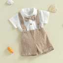 Newborn Baby Boy Gentleman Outfit Summer Short Sleeve Button Up Bowtie Dress Shirt Romper Plaid Suspender Shorts Set (White)