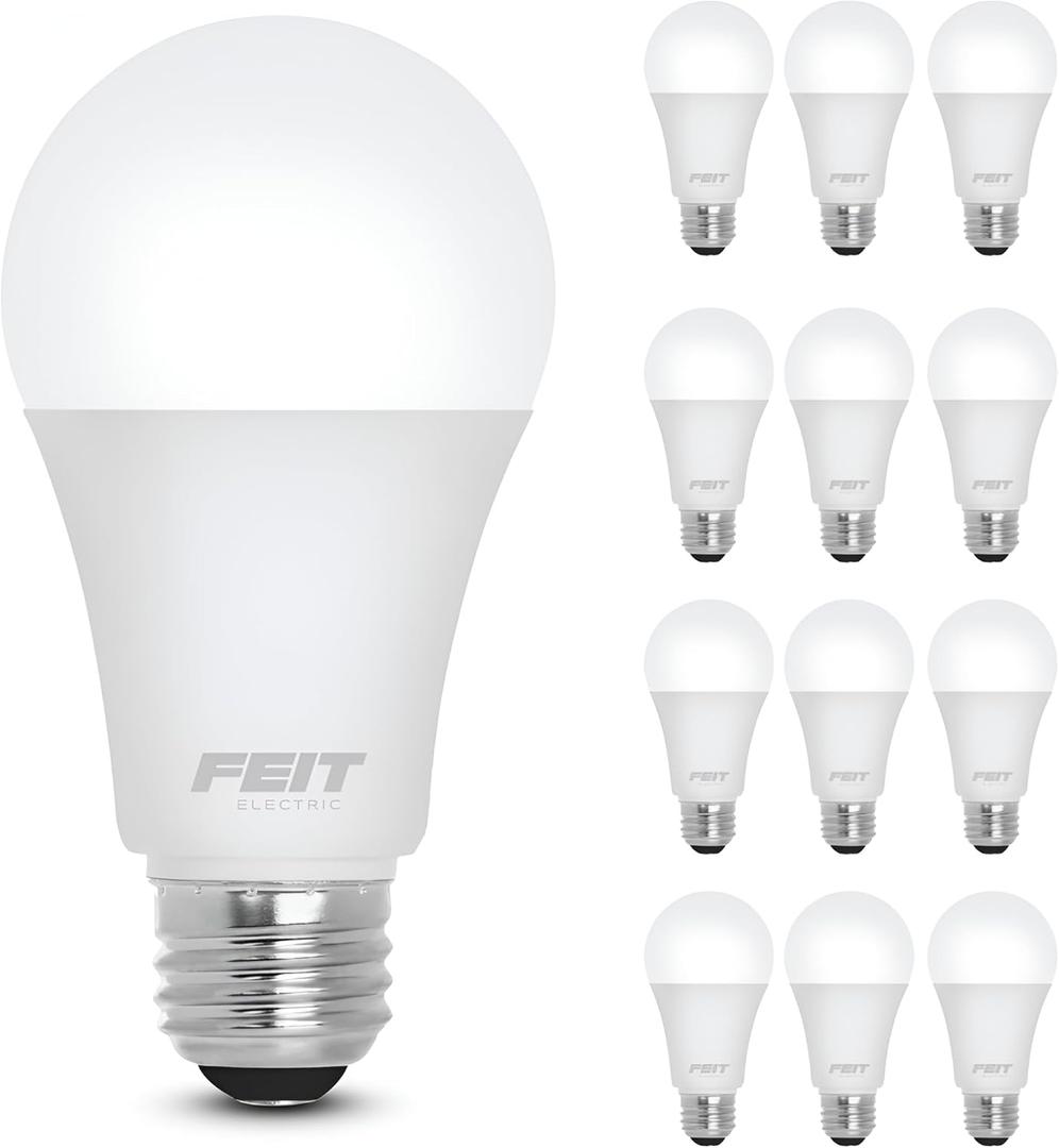 Feit Electric A19 LED Light Bulb, 75W Equivalent, E26 Medium Base, 1100 Lumens, 3000K Bright White, 90+ CRI, General Purpose Light Bulbs, 11,000-Hour Lifetime, OM75/930CA10K/2/6, 12 Pack