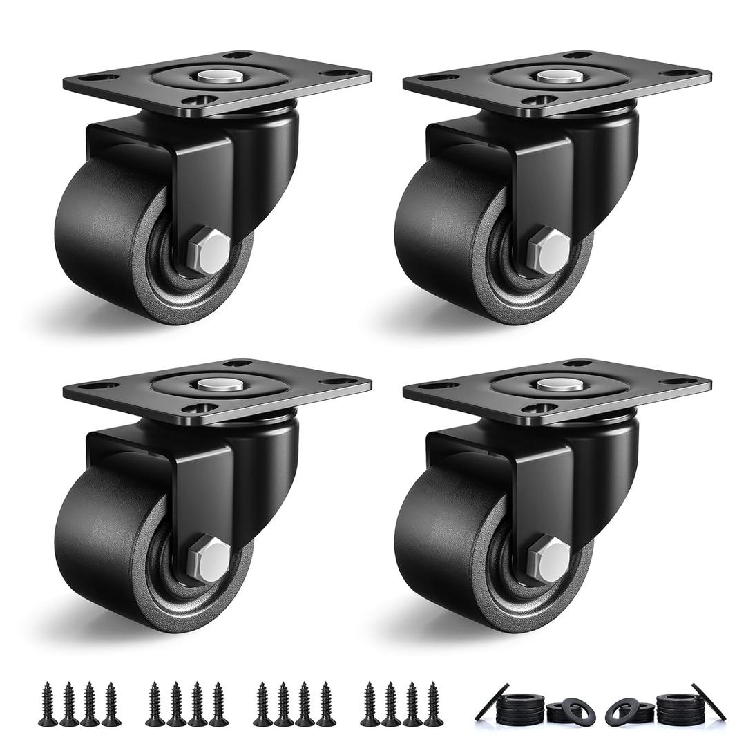 2 Inch Caster Wheels Set of 4, Heavy Duty Casters Load 2200lbs, Low Gravity Centere Industrial Swivel Casters, Plat Caster for Furniture and Workbench