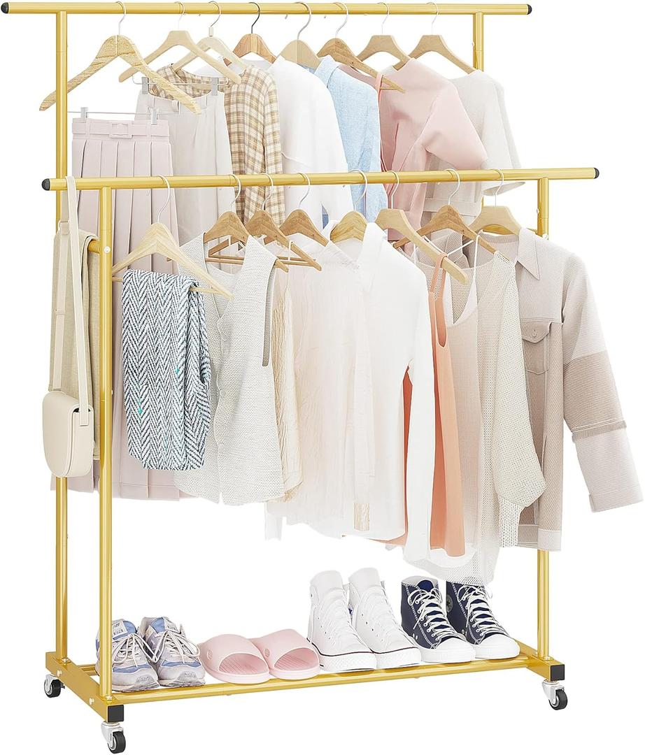 Calmootey Double Rod Clothing Garment Rack,Rolling Hanging Clothes Rack,Portable Clothes Organizer for Bedroom,Living Room,Clothing Store,Gold