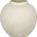 9" Large Rustic Vase with Linear Sculpture and Rich Sand Texture, Round Ceramic Vase with Wide Belly for Space Filling Decor, Retro Style & Beige White
