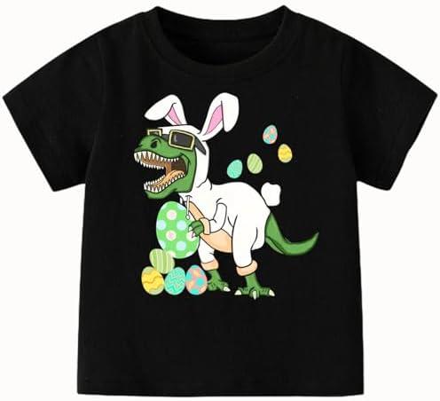 Boys Easter Shirts Cotton Bunny T-Shirts Dinosaur Rabbit Eggs Casual Short Sleeve Tee Size 5-6 Black