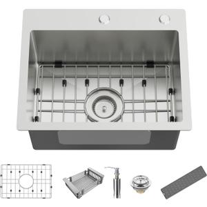 Kitchen And Bar Sink, 20x16 Inch Stainless Steel Drop In Modern Single Bowl Topmount Kitchen And Bar Sink Combo-SS Grid,Silicon Mat,Drain Strainer Set Compatibility With Various Kitchen&Bar Style, 18X12X9 Inches