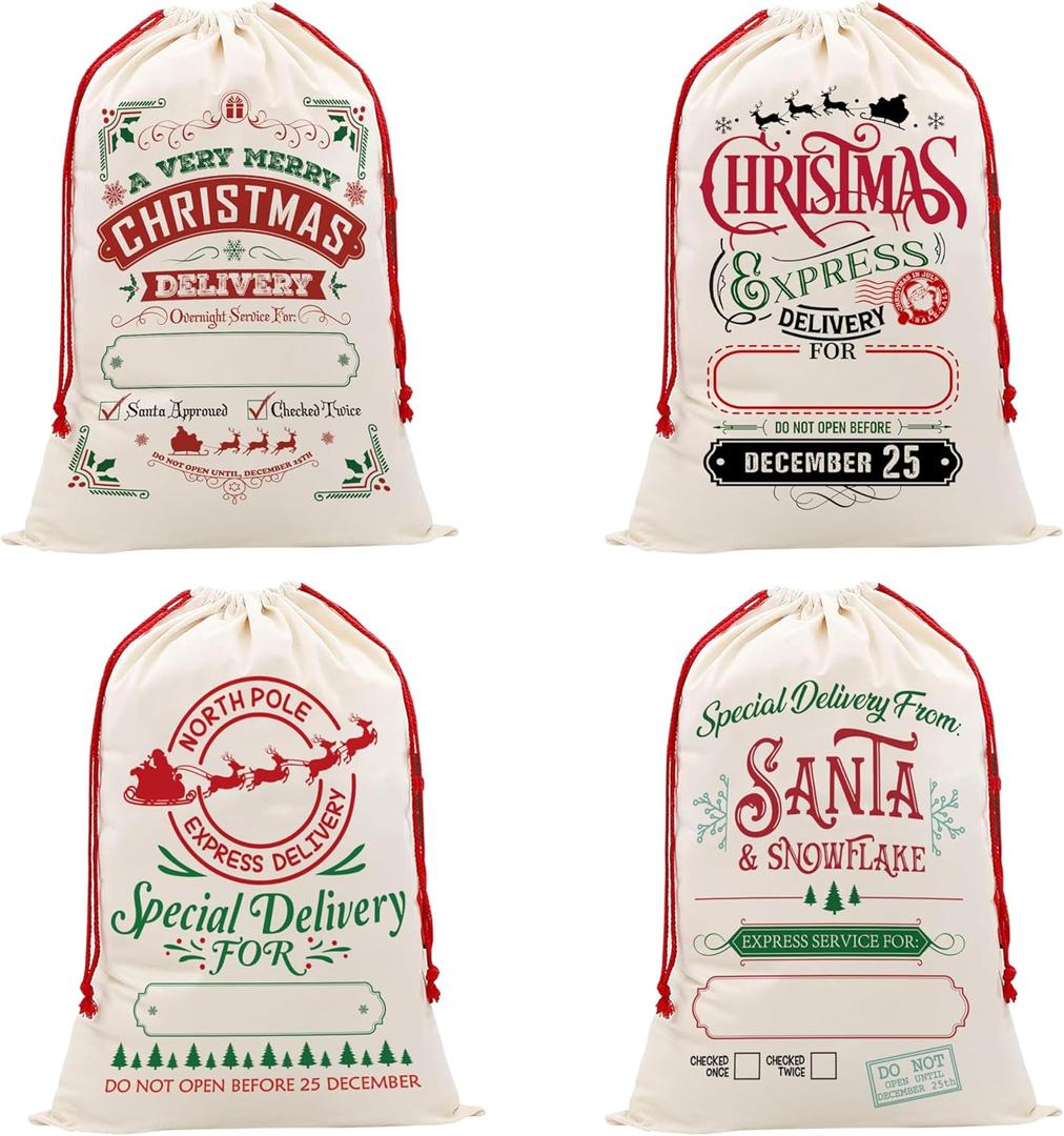 DOI-LANEE 4 Pack Christmas Gift Bag, 27.5" x 19.6" Large Santa Sack, Xmas Santa with Drawstring, Cloth Canvas Fabric Burlap Stocking Sack Gift Present Bag, D-2